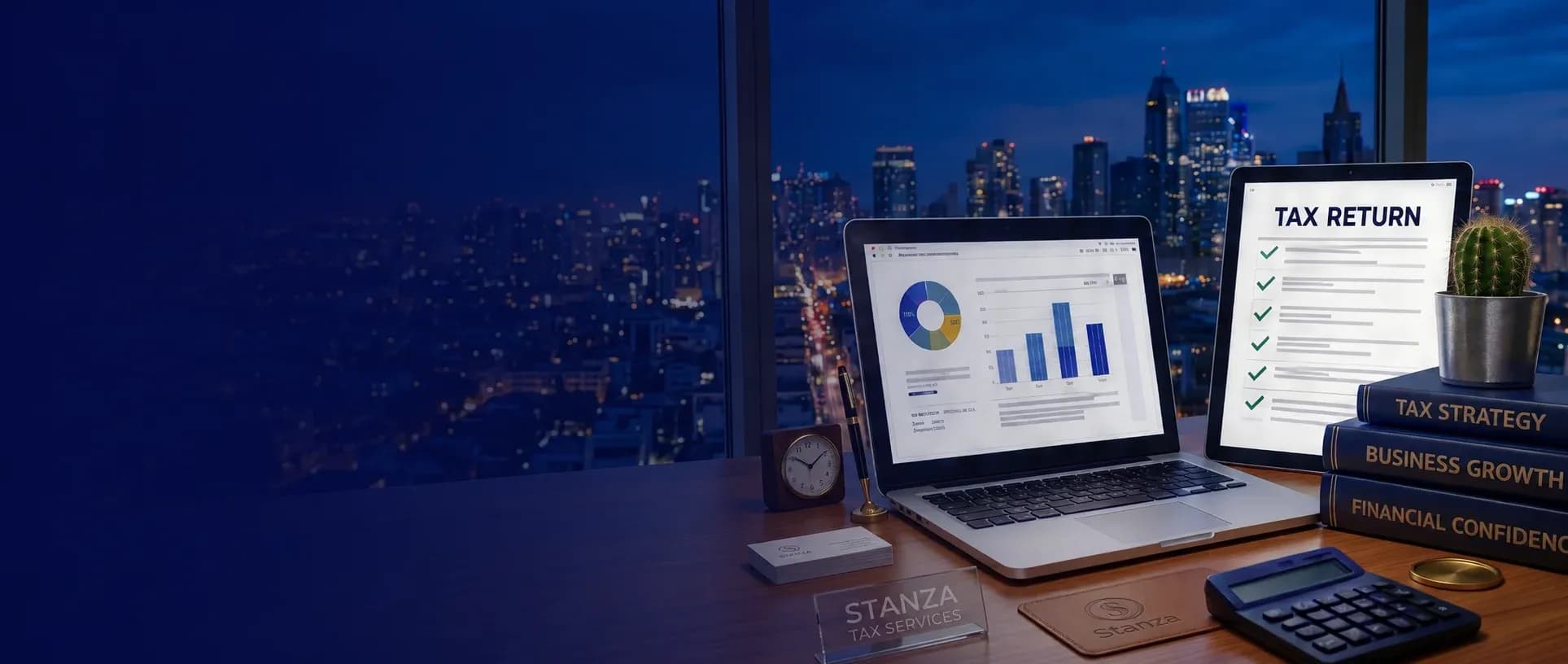 Professional tax preparation desk with laptop, financial documents, calculator, and organized folders at Stanza Tax Services