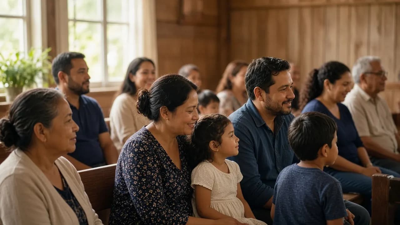 A small congregation gathered in a simple church room